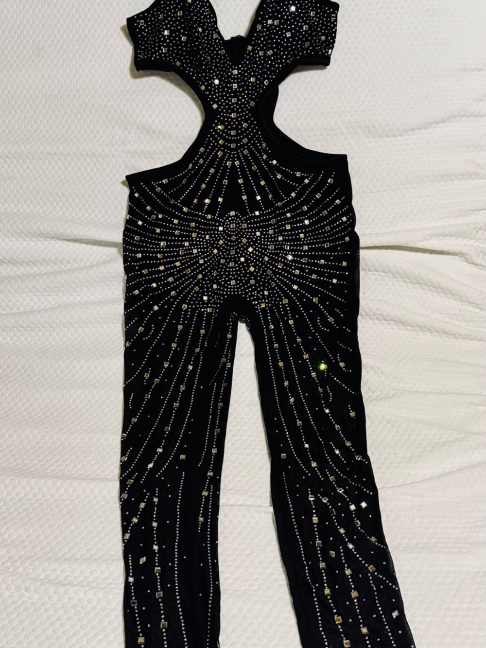 Black Rhinestone Cutout Jumpsuit XXL Glam Sparkle Bodycon One Piece - Picture 4 of 10